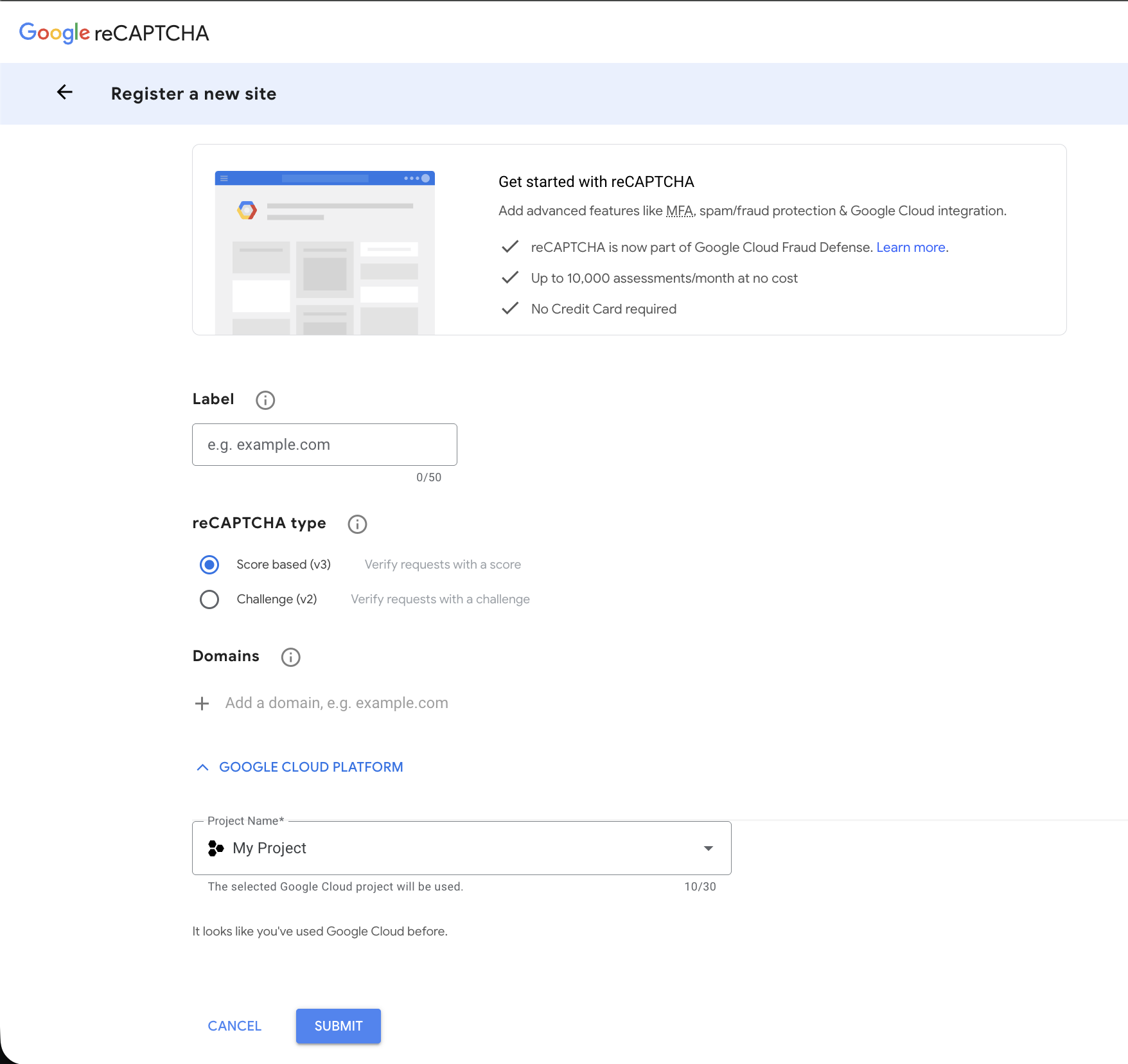 Google reCAPTCHA v3 registration form — Label, Score based v3 type selected, Domains field